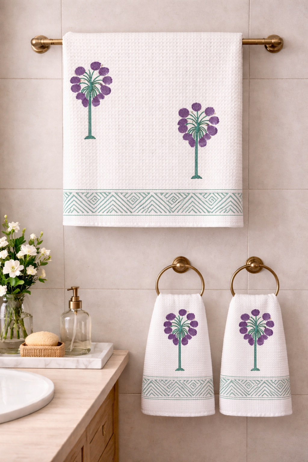 Sage Blossom Waffle Weave Towel Set