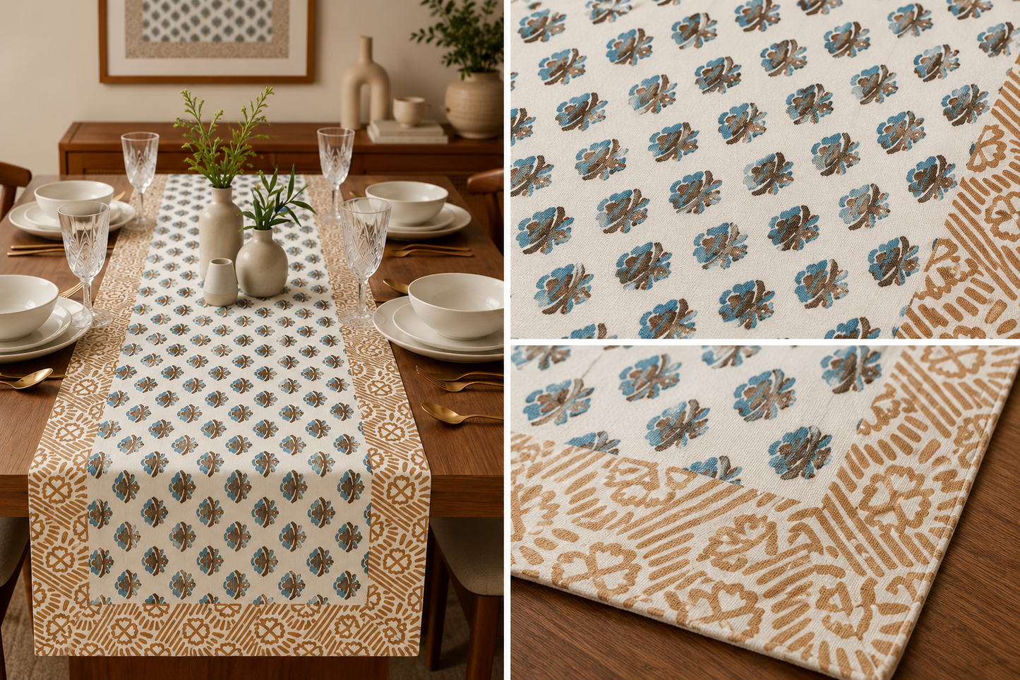 Azure Bloom Hand Block Table Runner