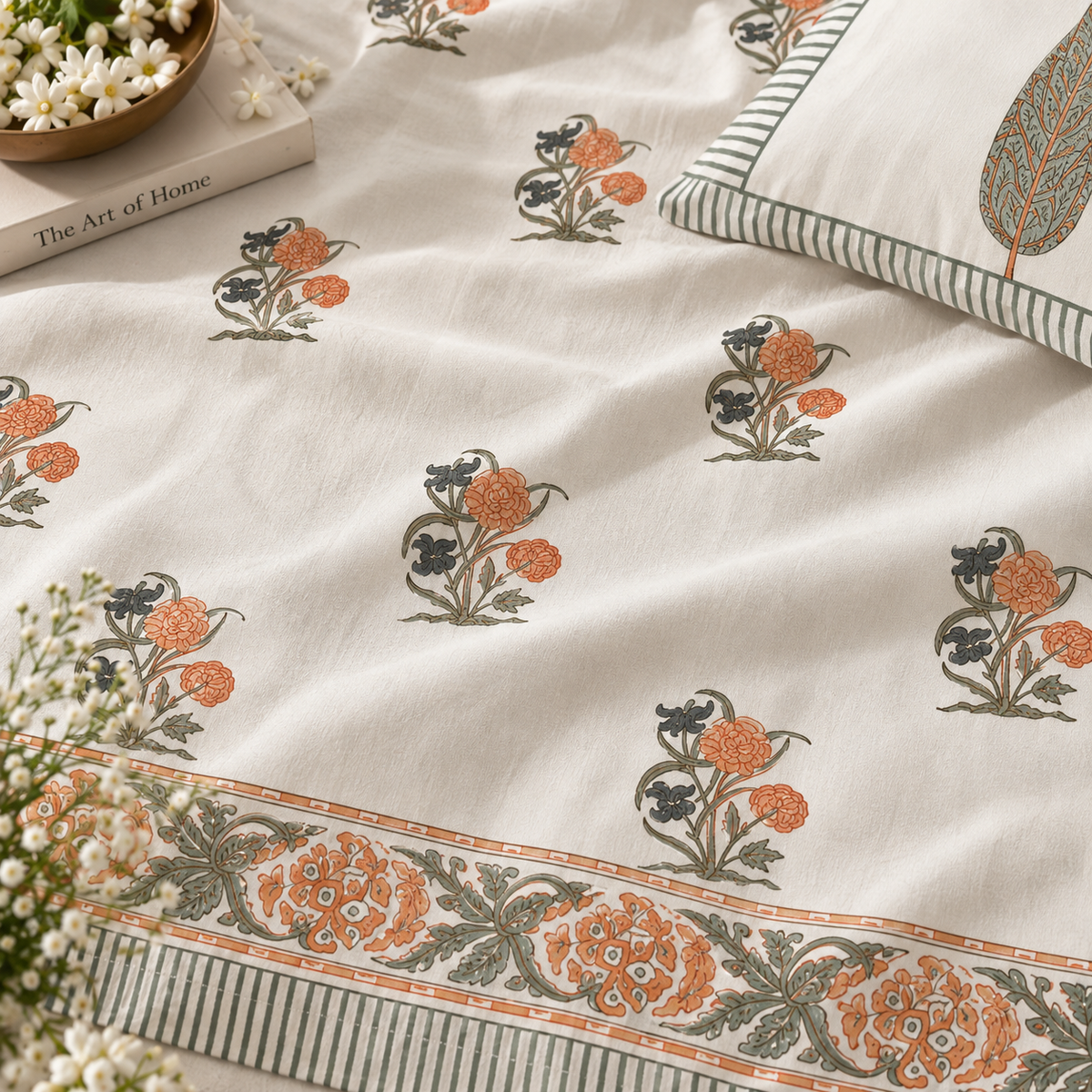 Peach Bloom Handblock King Size Bedsheet