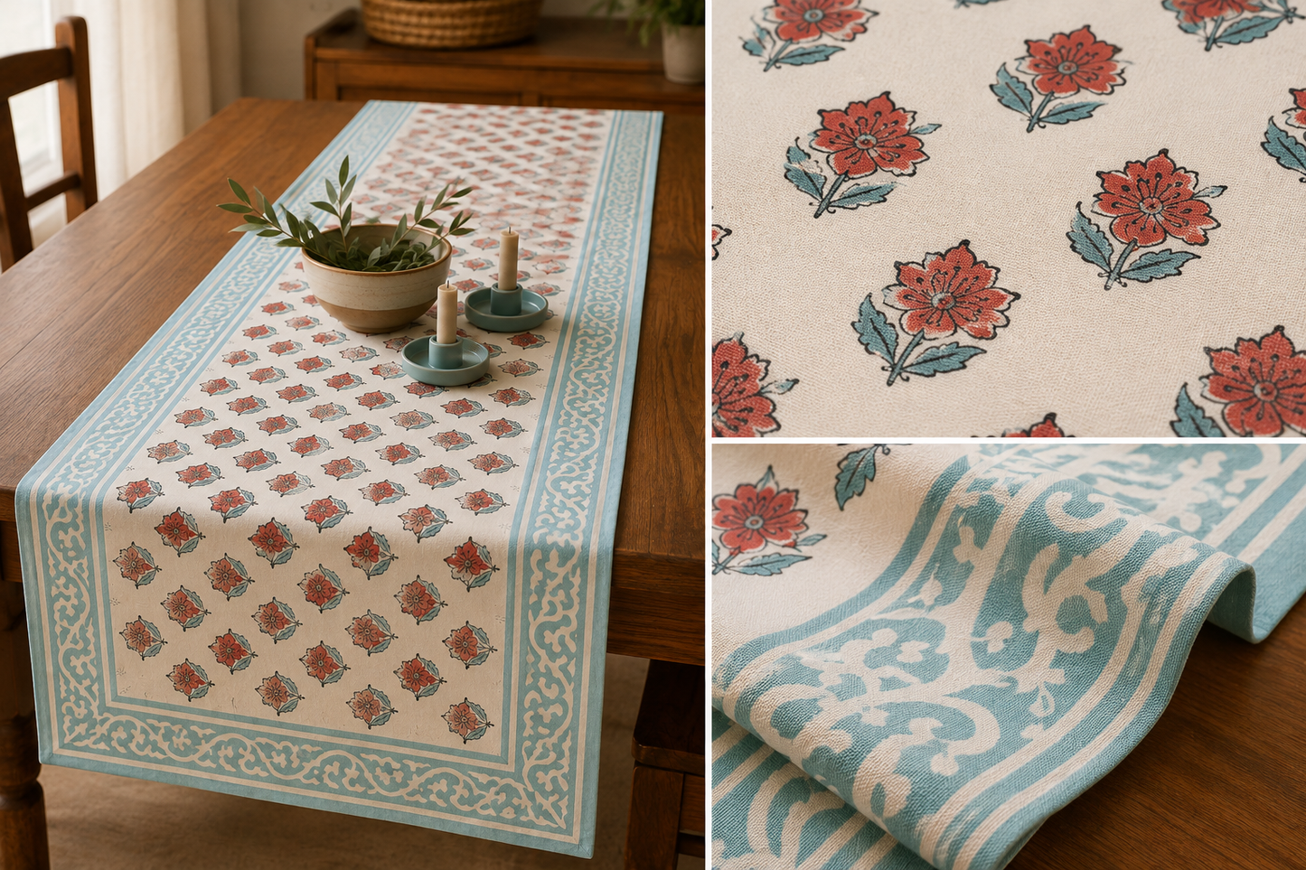 Coral Bloom Hand Block Table Runner