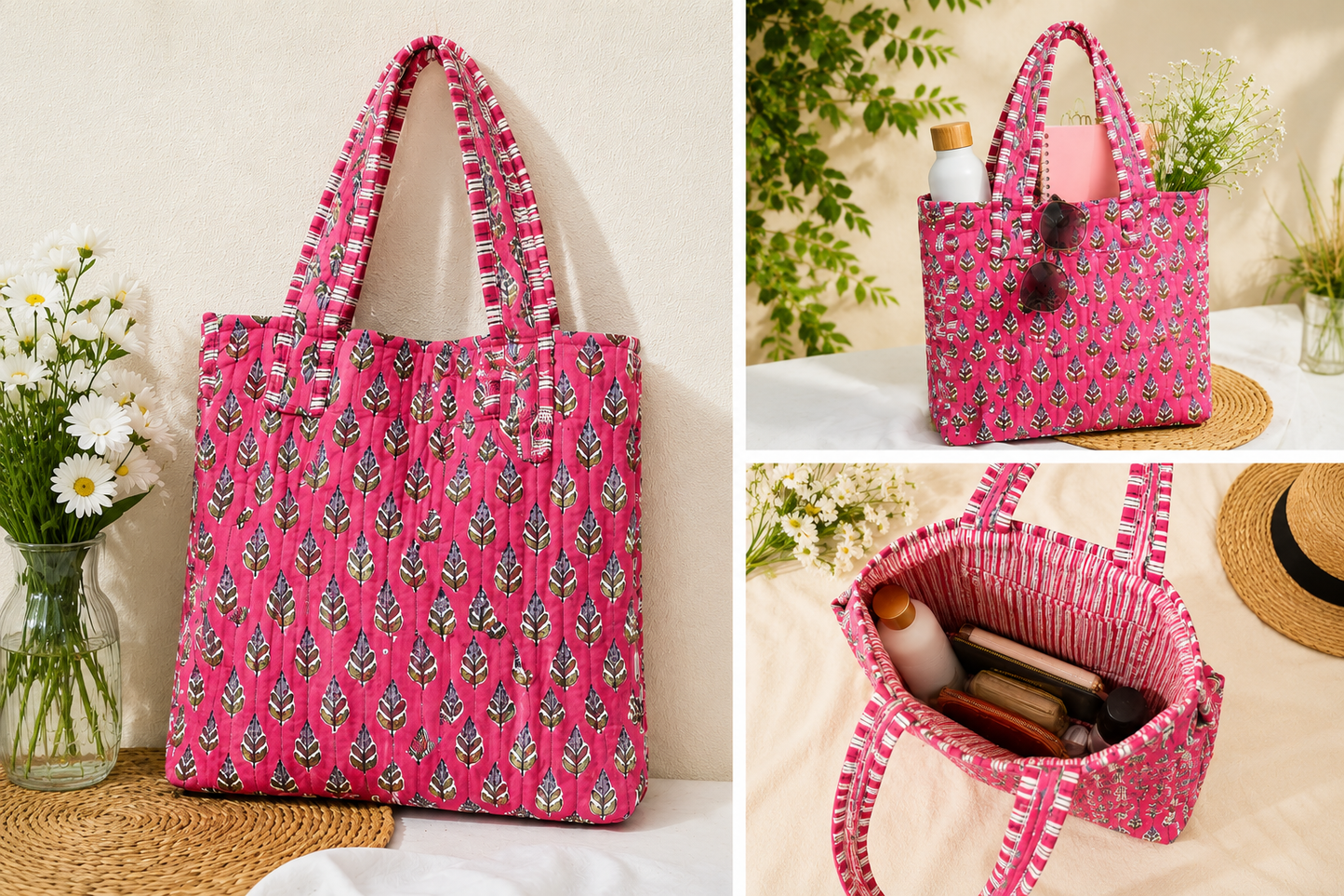 Pink Leaf Quilted Tote Bag