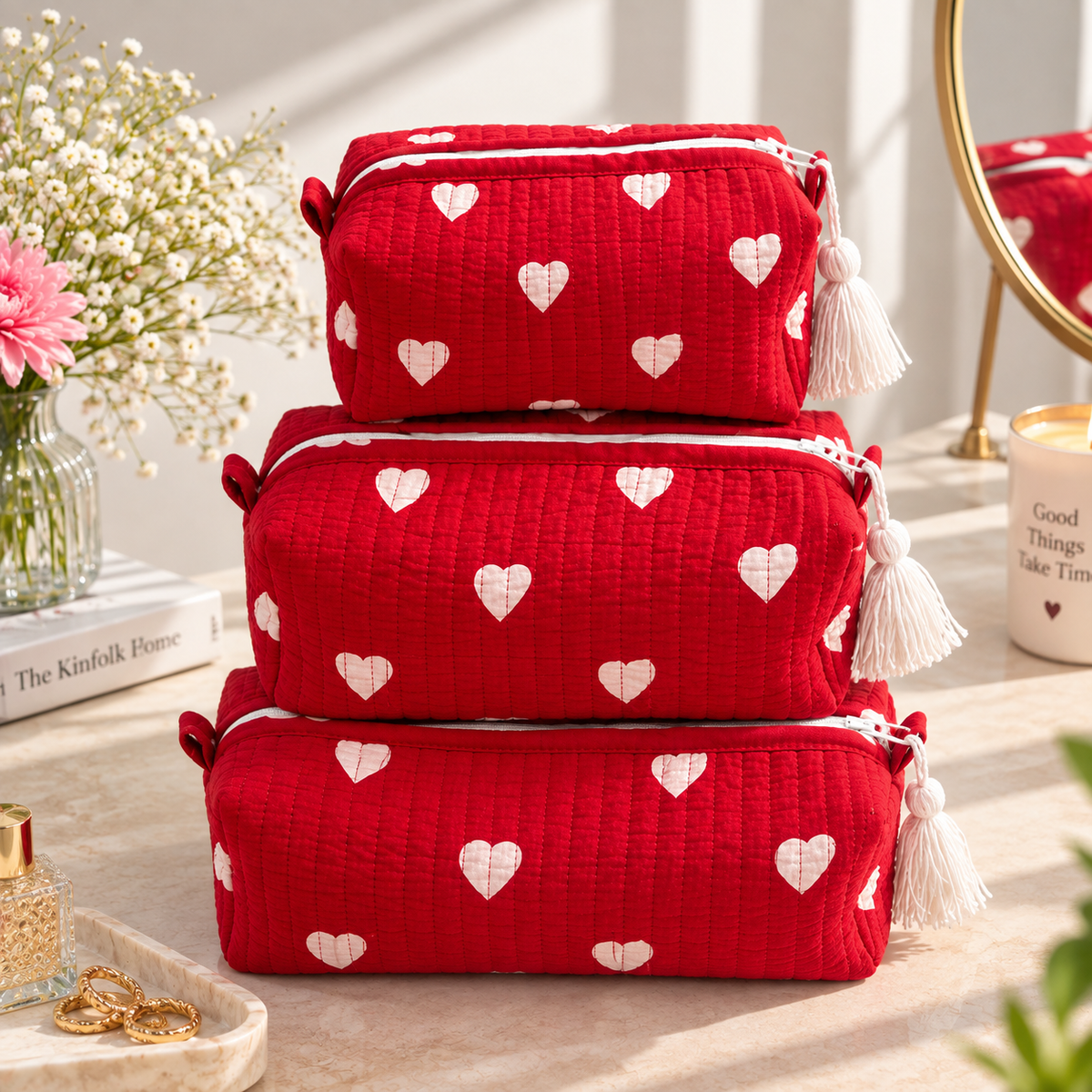 Heart Print Travel Pouches – Set of 3