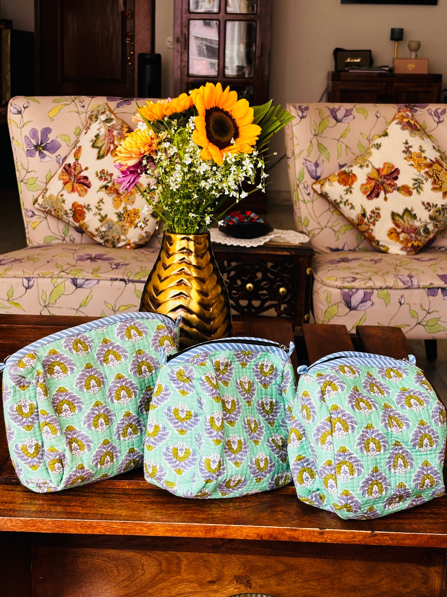 Travel Pouches- Sea Green with Floral Design