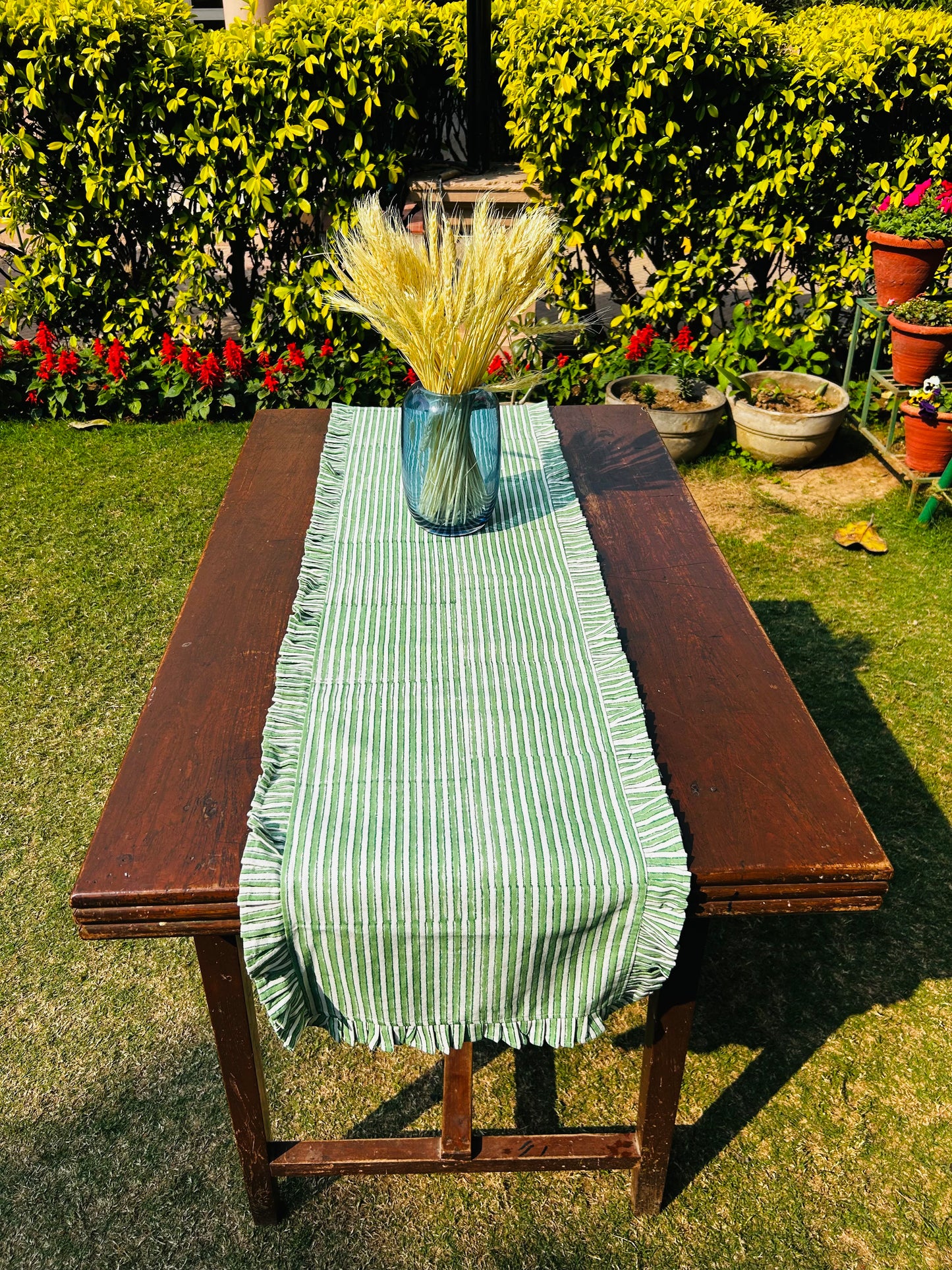 Ruffled & Stripped Table Runner ( Green )