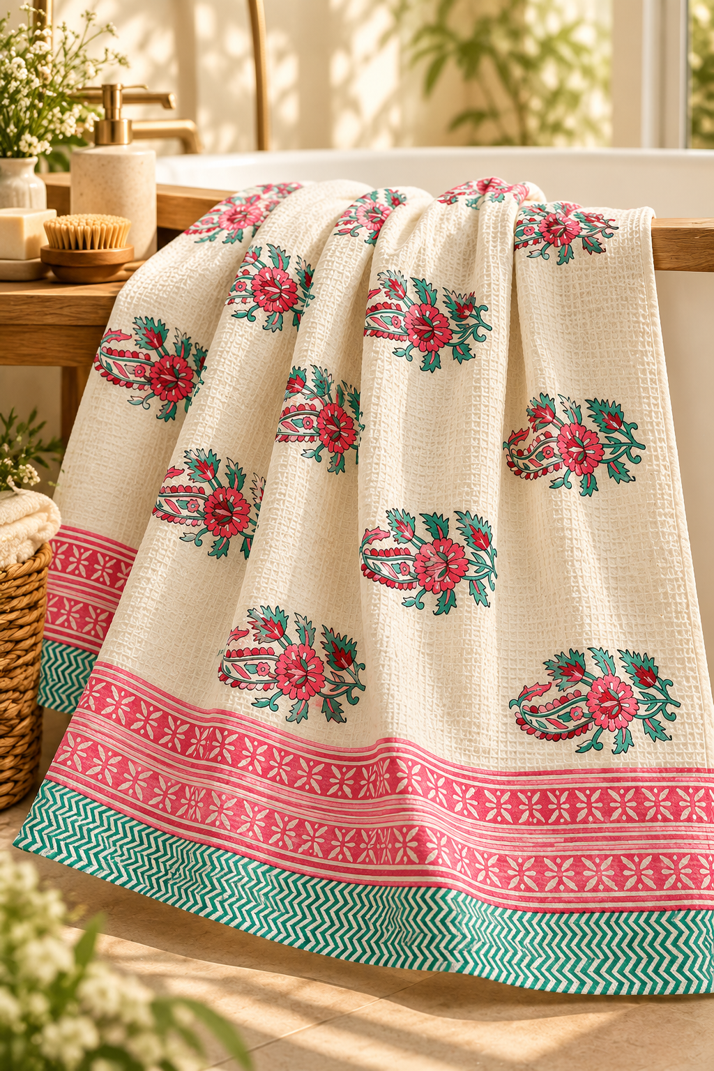 Rangrez Gulab Waffle Cotton Bath Towel