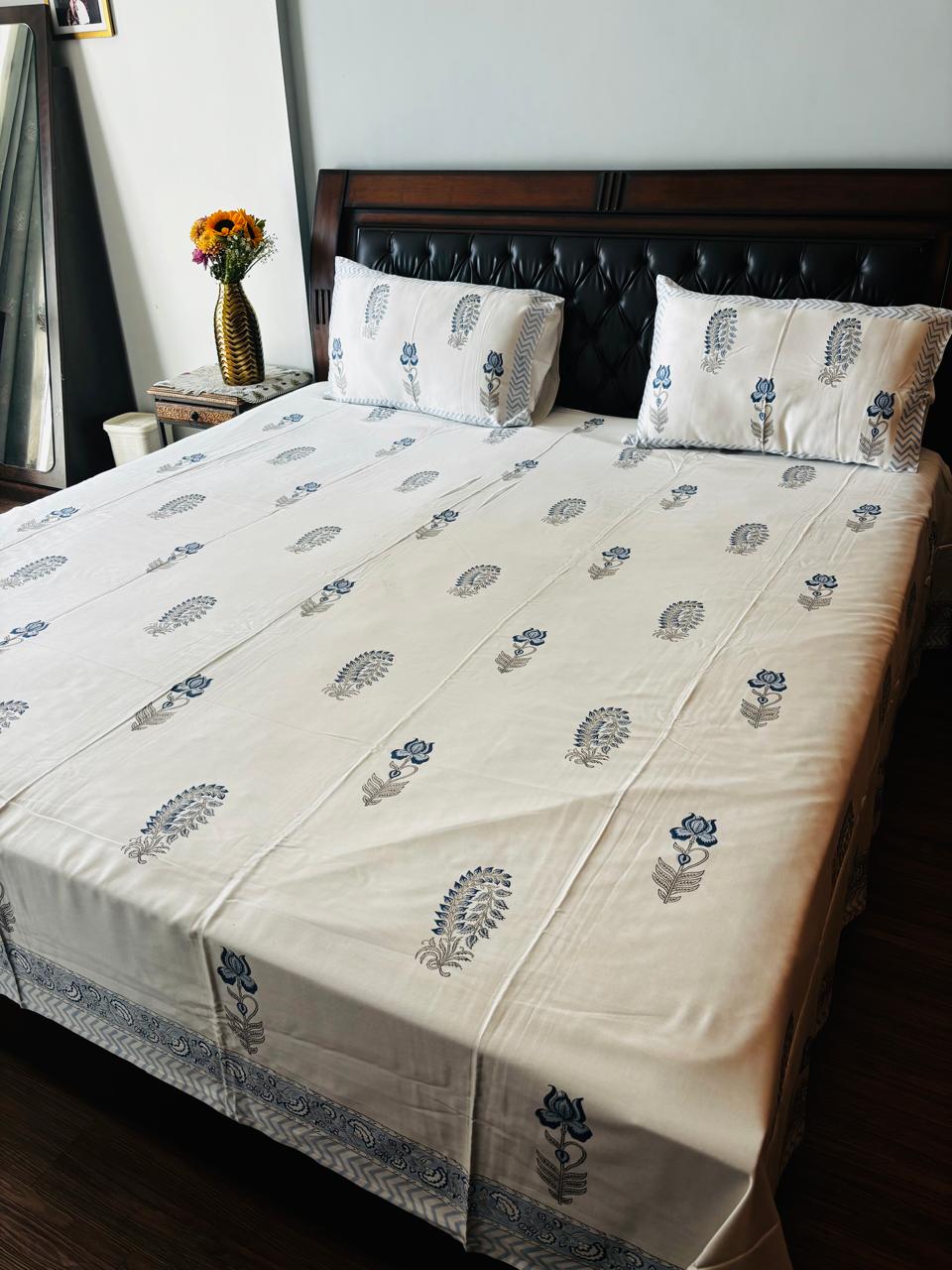 Glace Cotton Premium Bed Cover :Pastel Blue Color Flower Motifs