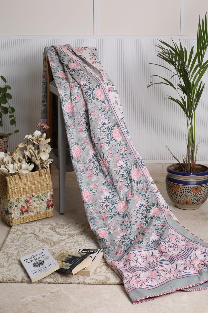 Pastel Grey & Pink floral Dohar (Double Bed)
