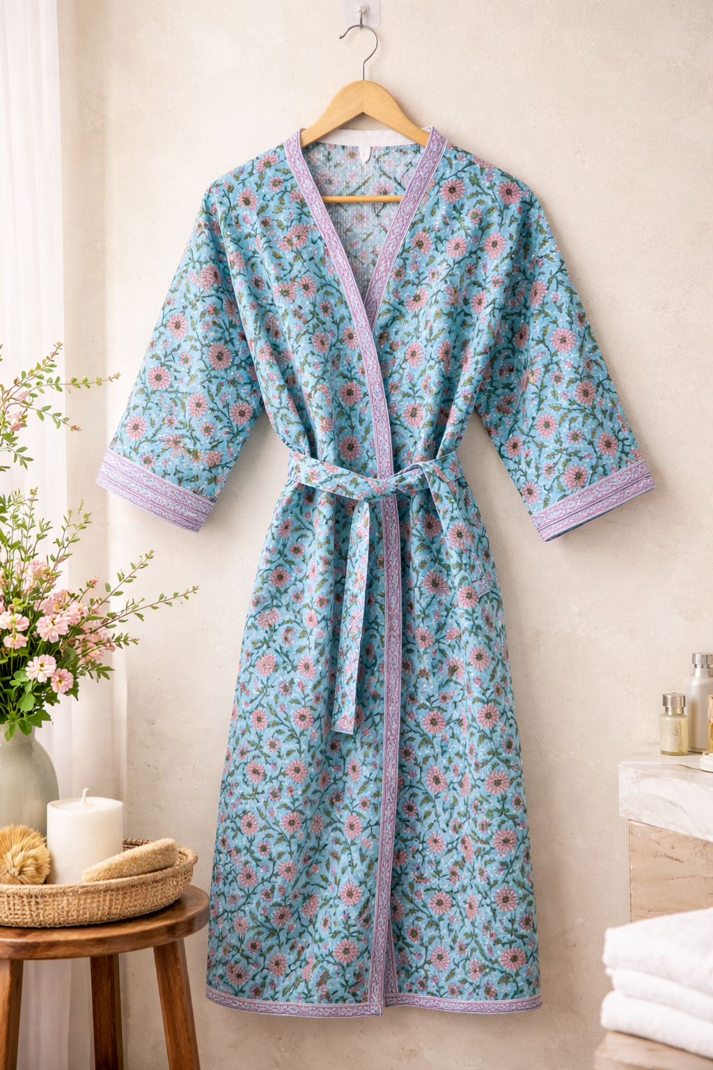 Azure Bloom waffle Cotton Bath Robe