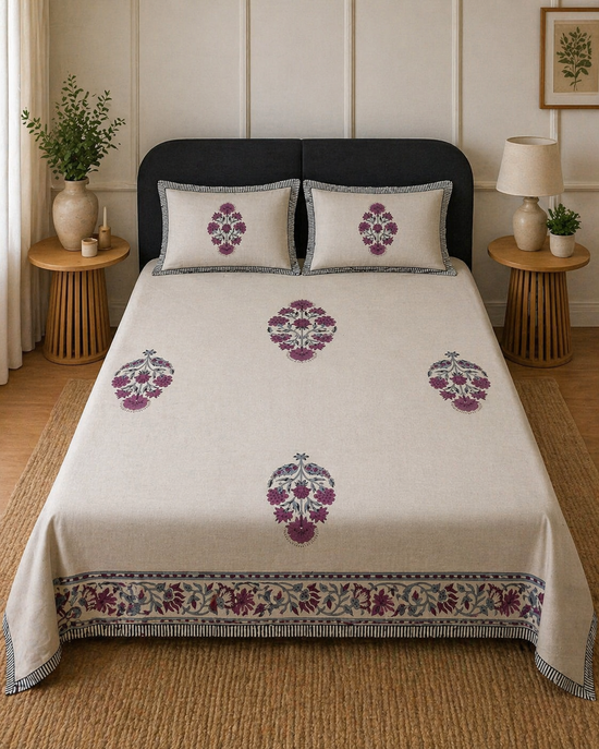Floral Buta on Beige Bedsheet