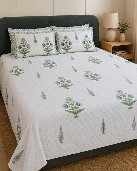 Azure Bloom Handblock Bedsheet Super king Size
