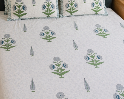Azure Bloom Handblock Bedsheet Super king Size