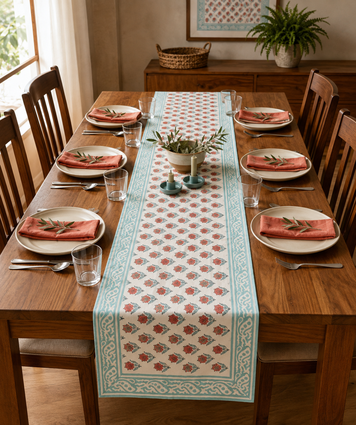 Coral Bloom Hand Block Table Runner