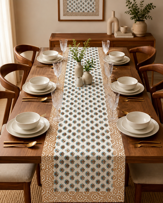 Azure Bloom Hand Block Table Runner