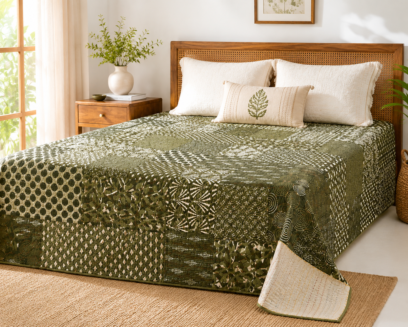 Olive Patchwork Kantha Bed Cover