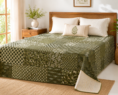 Olive Patchwork Kantha Bed Cover