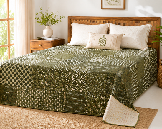 Olive Patchwork Kantha Bed Cover