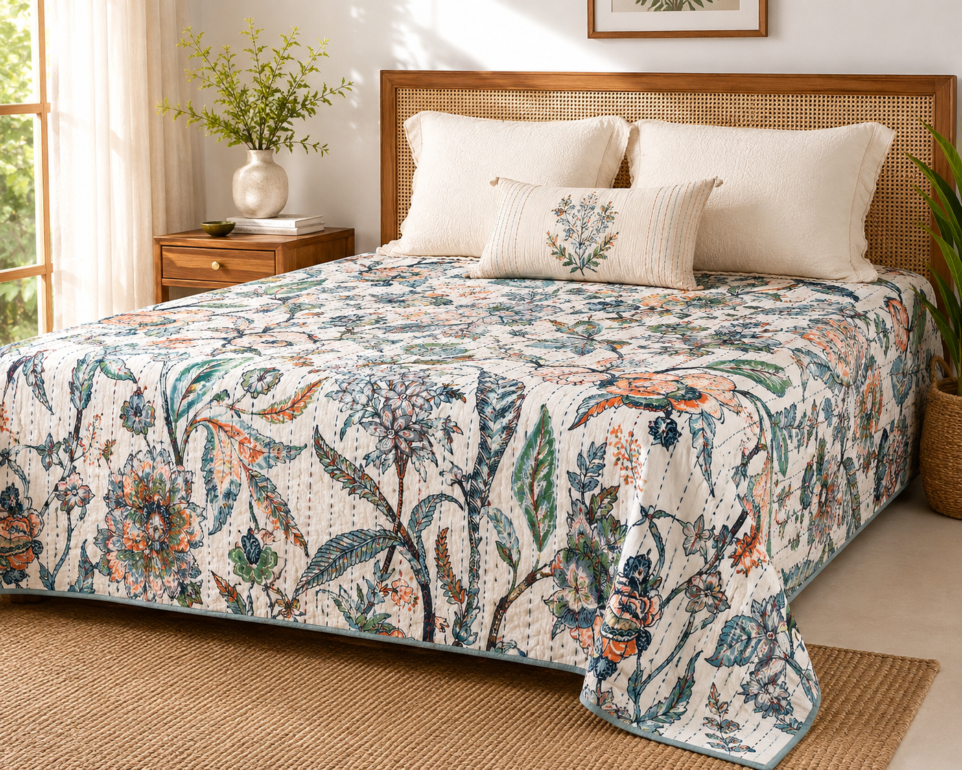 Heritage Bloom Kantha Bed Cover