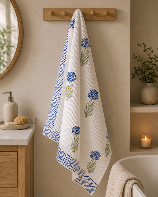 Blue Blossom Waffle Weave Bath Towel