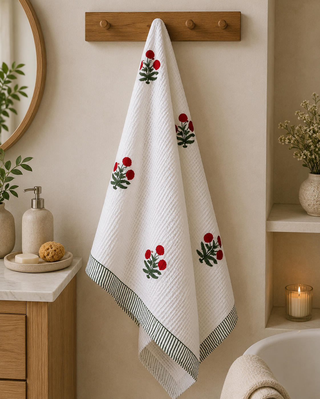 Crimson Bloom Waffle Weave Bath Towel