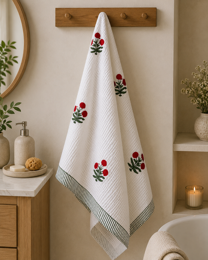 Crimson Bloom Waffle Weave Bath Towel
