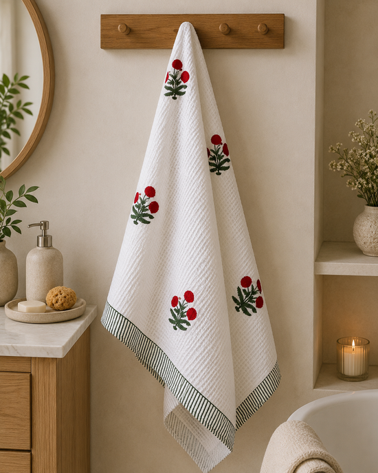 Crimson Bloom Waffle Weave Bath Towel