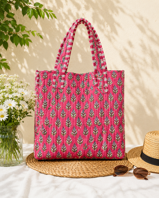 Pink Leaf Small Quilted Tote Bag