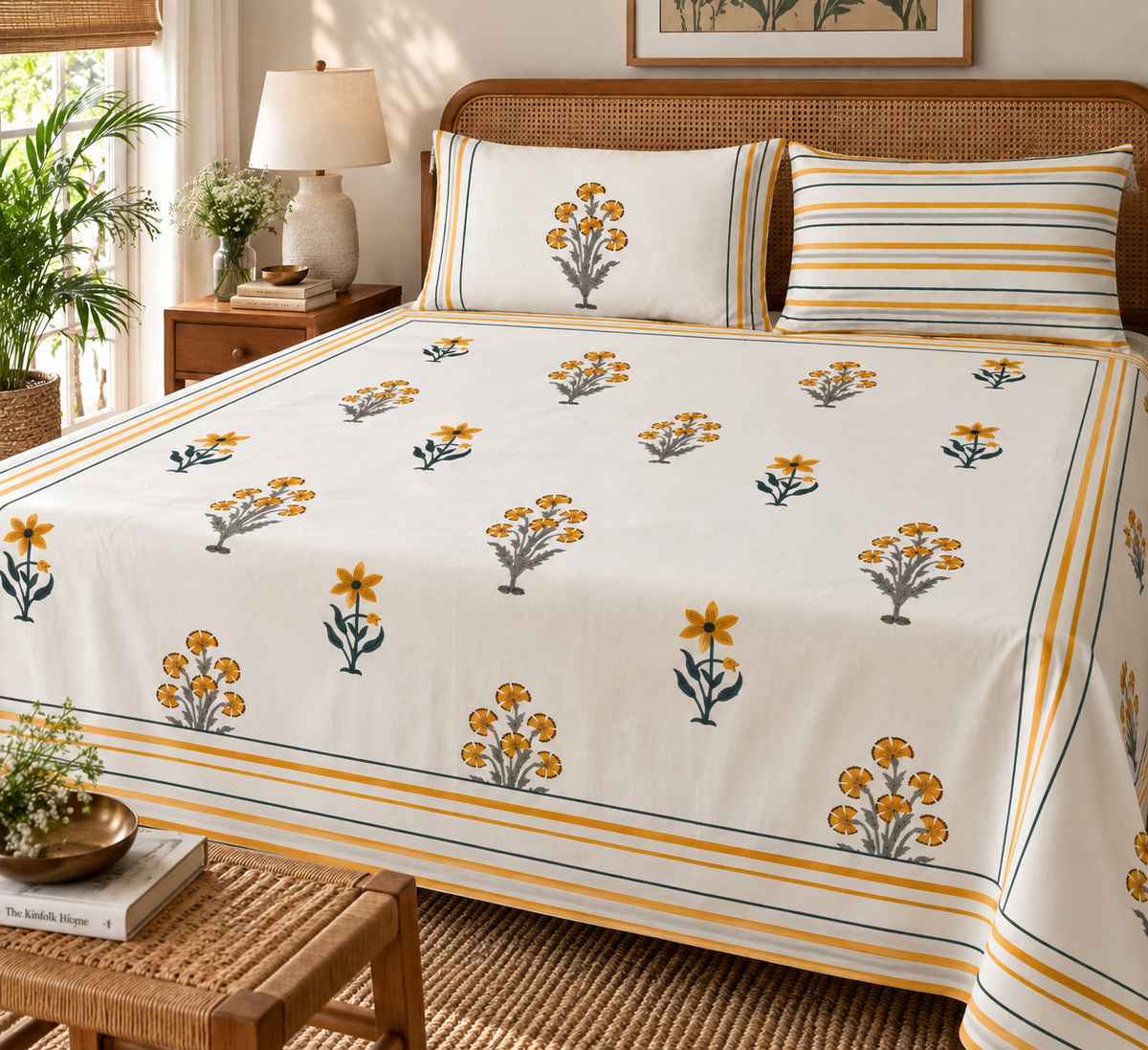 Kesari Phool Handblock Super King Size Bedsheet