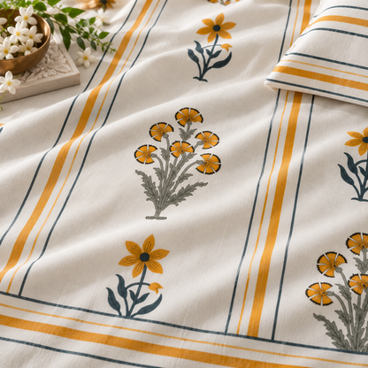 Kesari Phool Handblock Super King Size Bedsheet