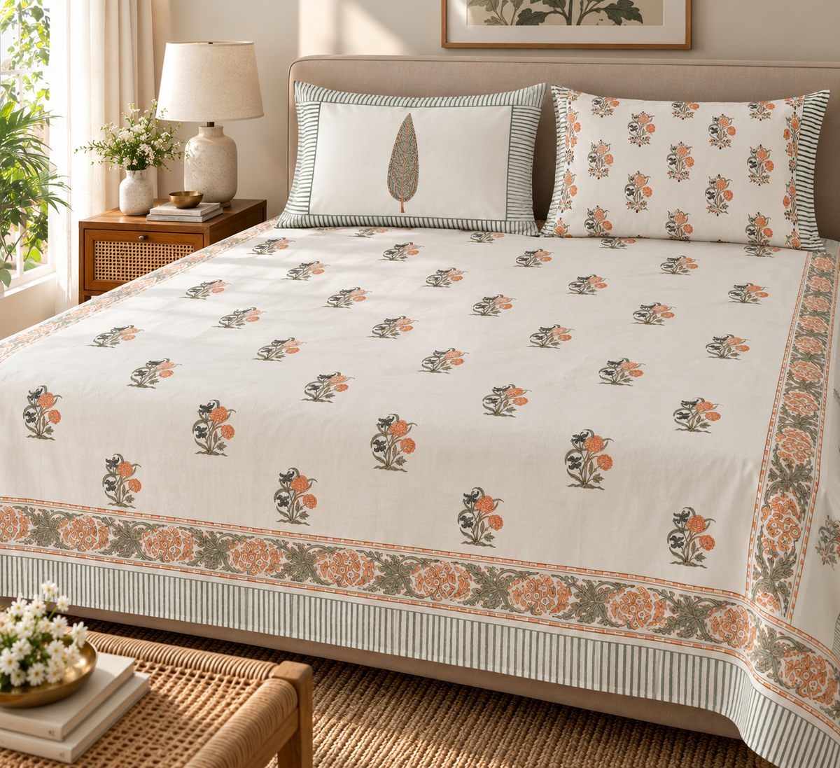 Peach Bloom Handblock King Size Bedsheet