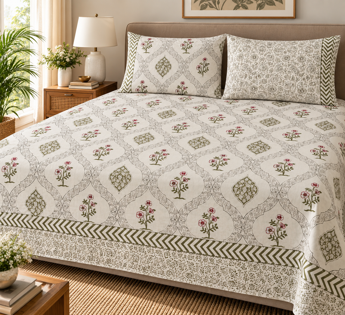 Gulab Jaal Handblock King Size Bedsheet