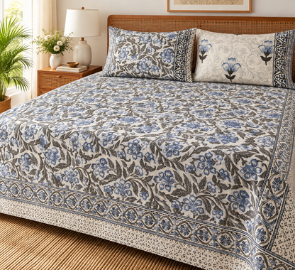 Neel Gulab Handblock Super King Size Bedsheet