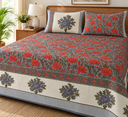 Laal Gul Handblock Super King Size Bedsheet