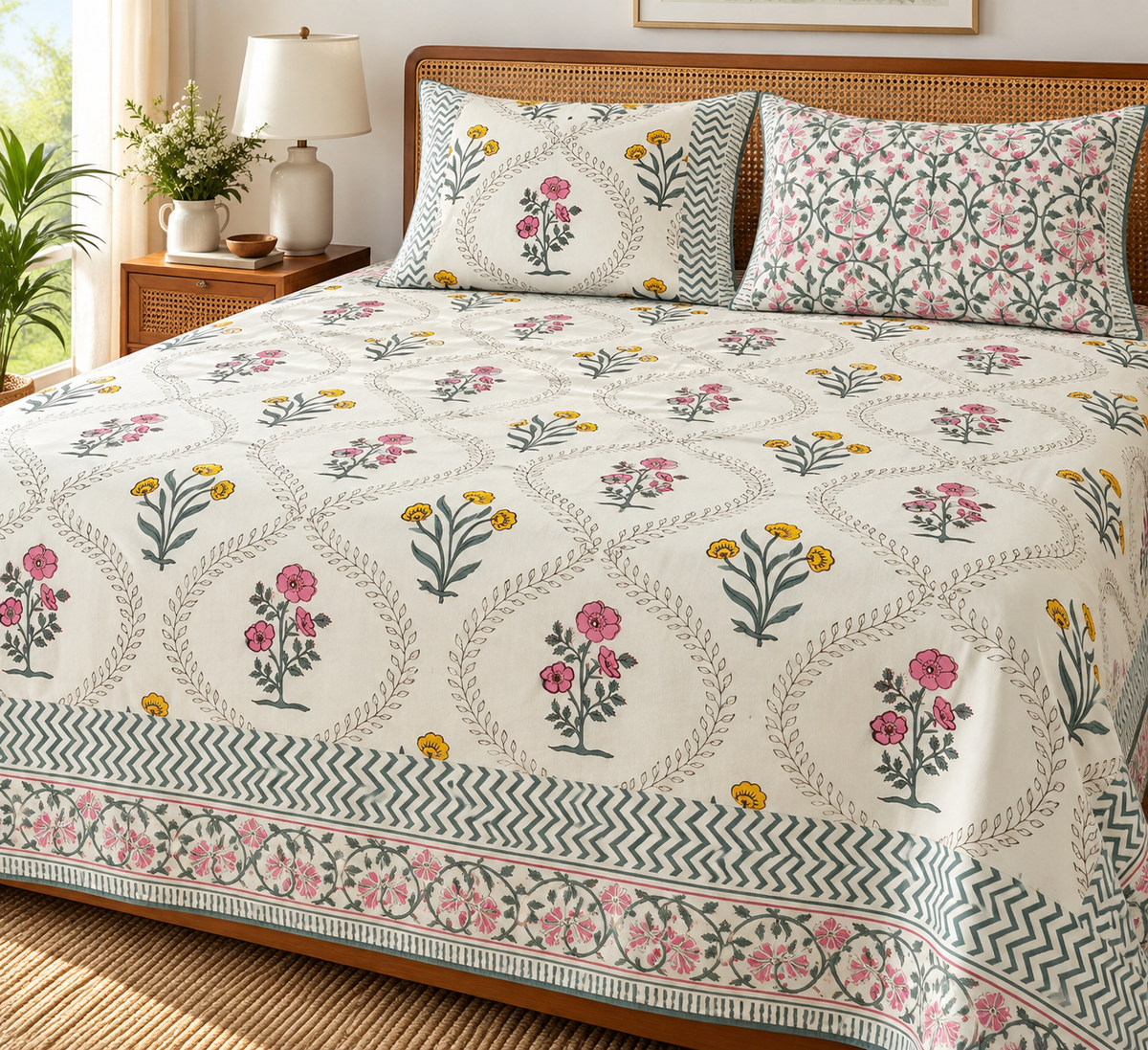 Phool Bagh Handblock Super King Size Bedsheet