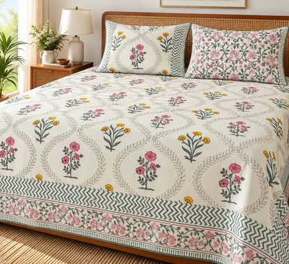 Phool Bagh Handblock Super King Size Bedsheet
