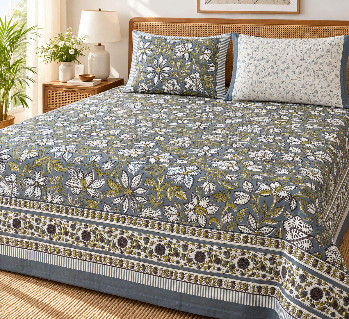 Neel Pushp Handblock King Size Bedsheet