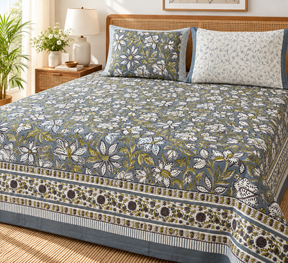 Neel Pushp Handblock King Size Bedsheet