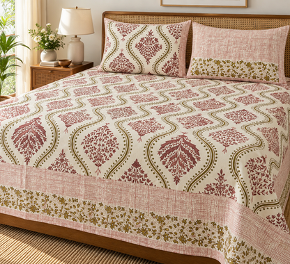 Gulabi Bel Handblock Super King Size Bedsheet