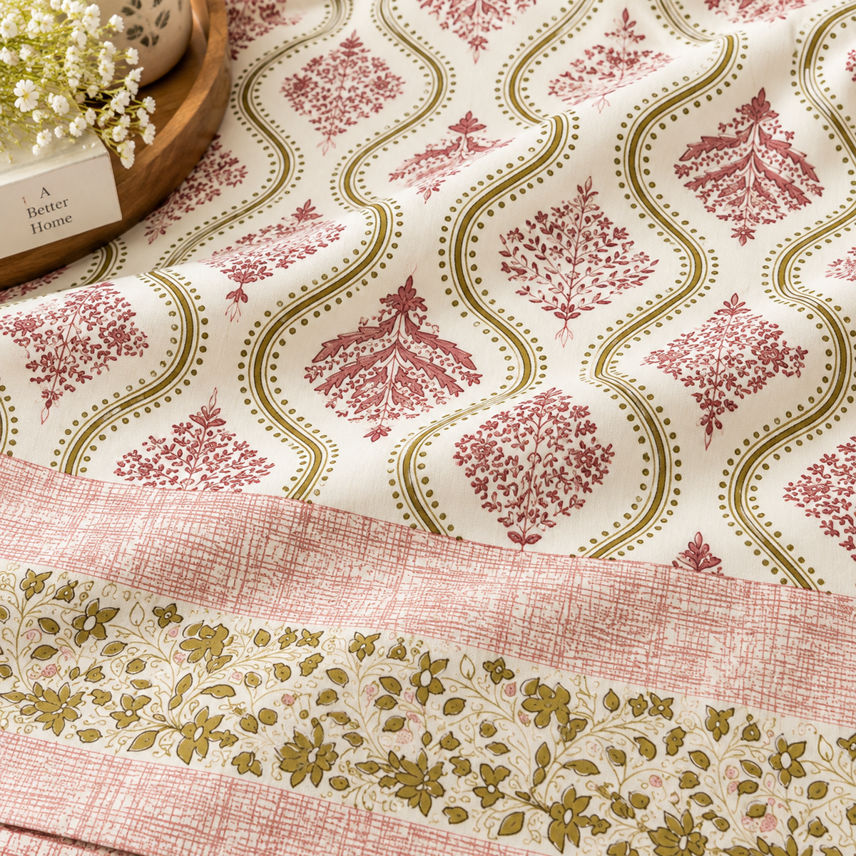 Gulabi Bel Handblock Super King Size Bedsheet
