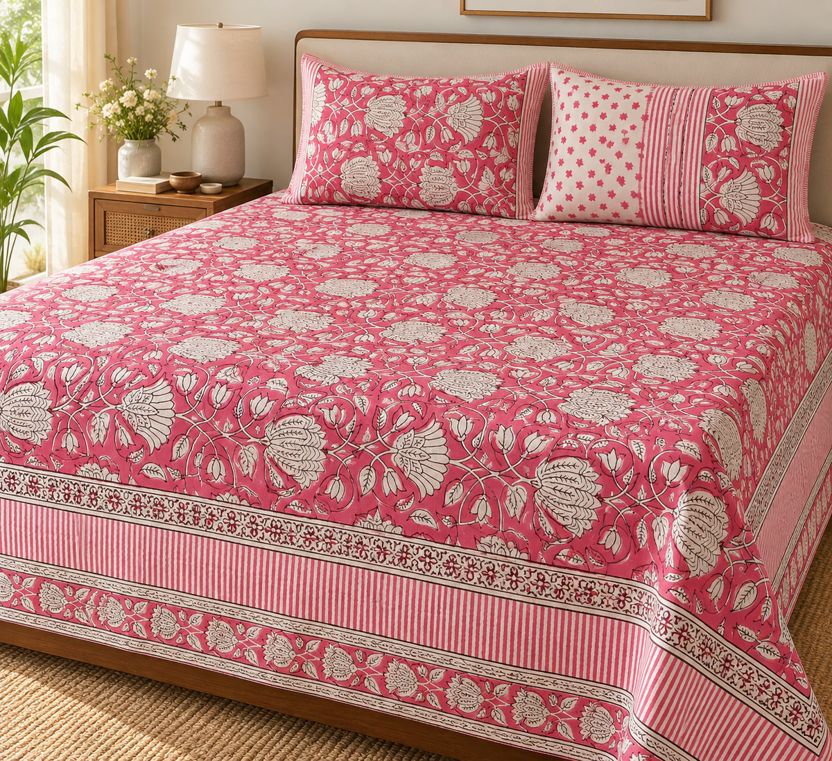 Gulabi Gulnaar Handblock Super king Size Bedsheet