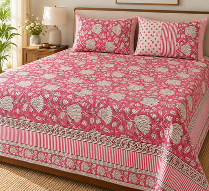 Gulabi Gulnaar Handblock Super king Size Bedsheet