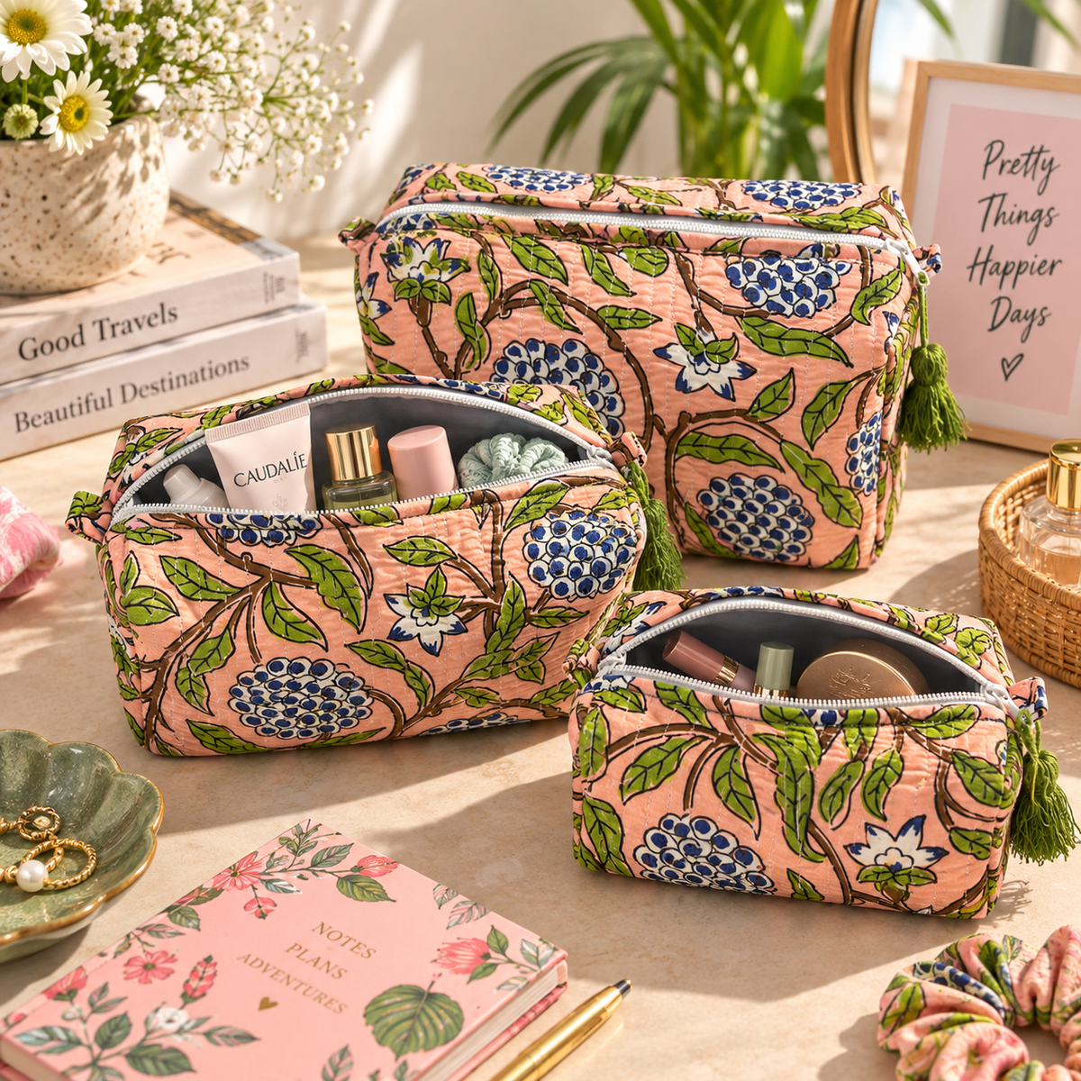 Peach Bloom Travel Pouches – Set of 3