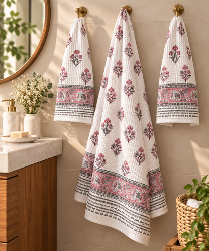 Gulab Rang Waffle Bath Towel Set