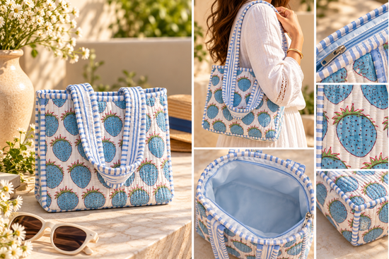 Blue Berry Bloom Quilted Medium Tote Bag