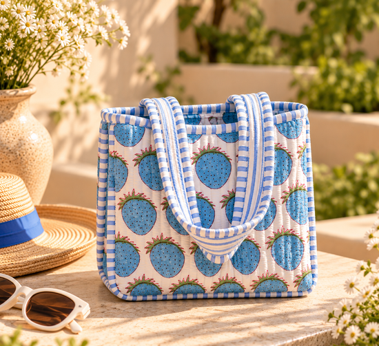 Blue Berry Bloom Quilted Medium Tote Bag