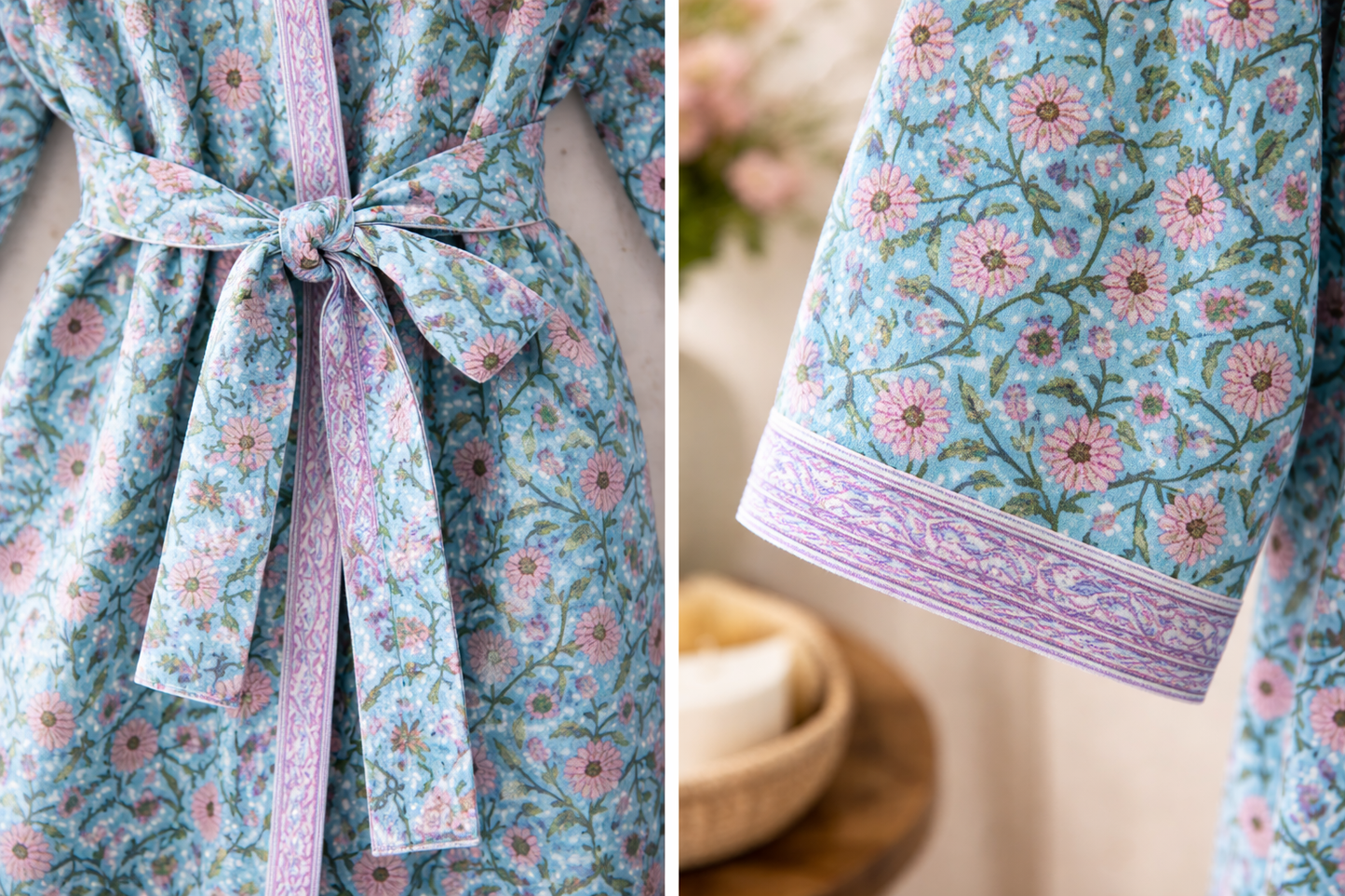 Azure Bloom waffle Cotton Bath Robe