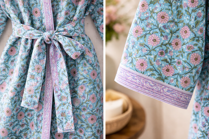 Azure Bloom waffle Cotton Bath Robe