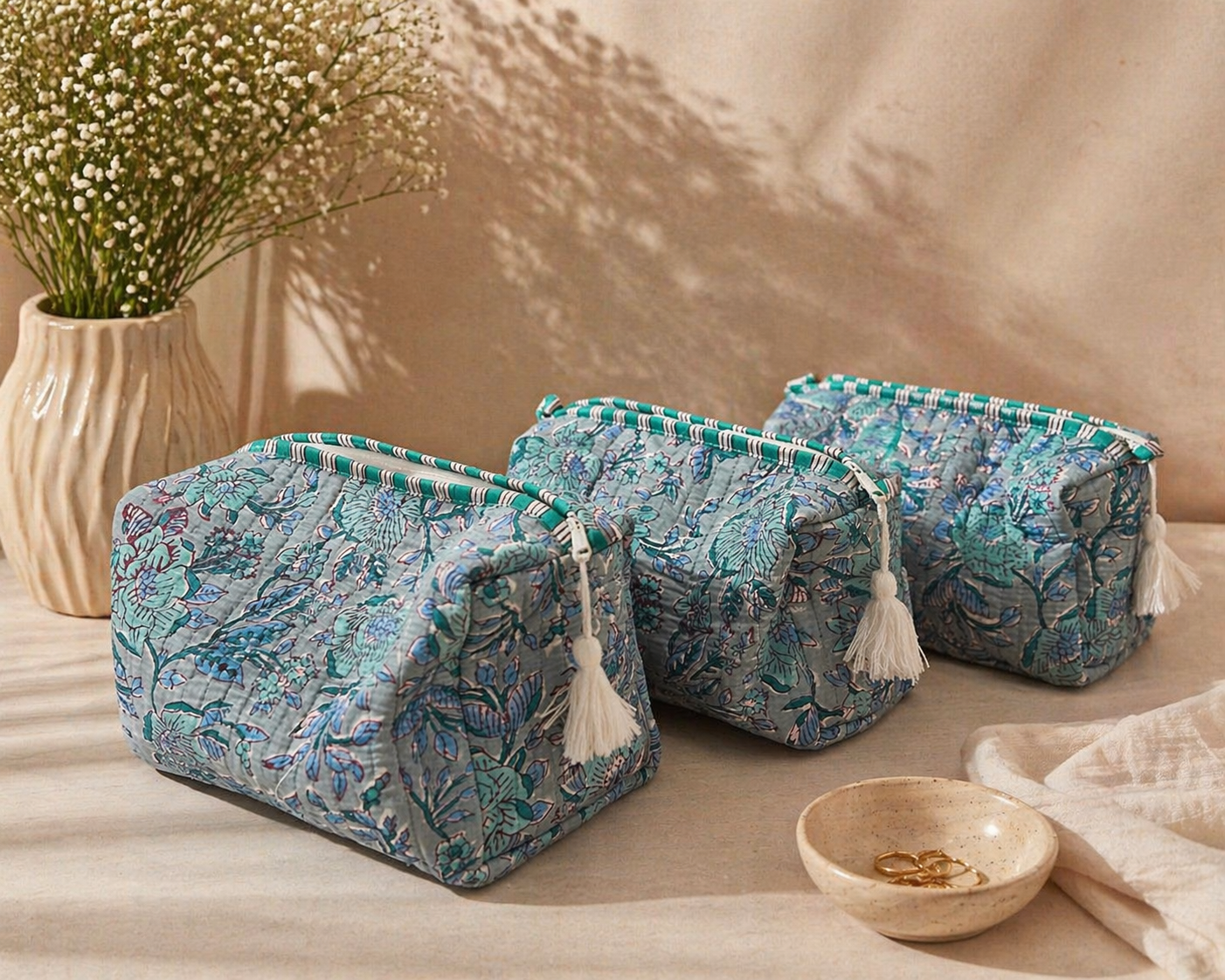 Sage Bloom Velvet Travel Pouches Set (Set of 3)