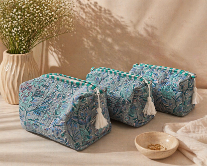 Sage Bloom Velvet Travel Pouches Set (Set of 3)