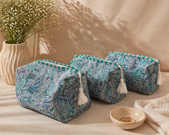 Sage Bloom Velvet Travel Pouches Set (Set of 3)