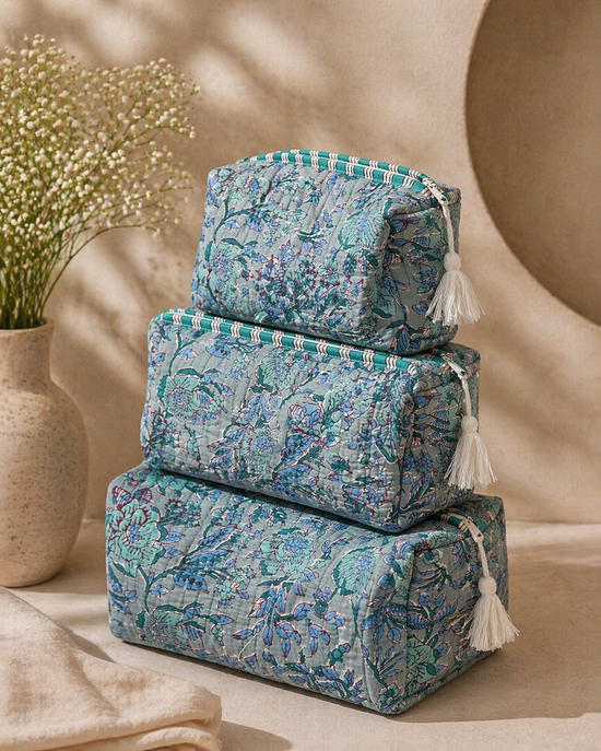 Sage Bloom Velvet Travel Pouches Set (Set of 3)